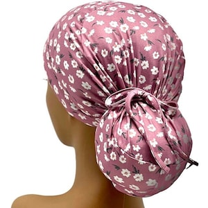 STRETCH , Jersey Knit Ponytail Scrub Cap, Floral Print, Made in USA