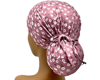 STRETCH , Jersey Knit Ponytail Scrub Cap, Dusty Pink Floral Print, Ava Surgical Cap Made in USA