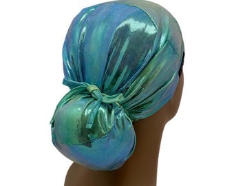 STRETCH Ponytail Scrub Cap, Green/Blue Oil Slick, Adjustable Tie , USA Made