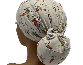 STRETCH Ponytail Scrub Cap, Cream/Beige Bunny Print, Cotton Jersey Knit , Adjustable Surgical Cap, USA Made
