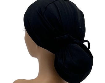STRETCH BAMBOO BLACK Ponytail Scrub Cap, Stretchy Surgical Nurse Cap