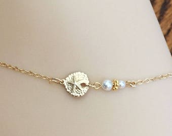 Gold Filled Sand Dollar Enkelbandje – Swarovski Pearl Beach-huwelijkssieraden