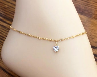 Gold-Filled Satellite Chain Anklet – CZ Heart Charm, Bridal Jewelry