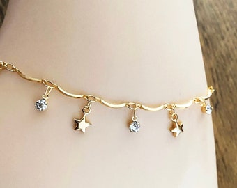 Gold Star Anklet – CZ Crystal Dangle Ankle Bracelet, Summer Jewelry