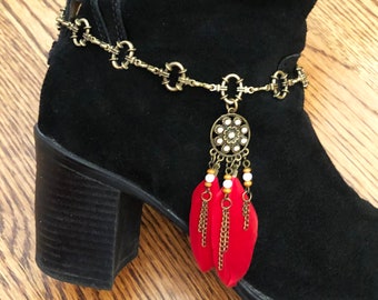 Red Feather Boot Jewelry - Native American Boot Bracelet - Feather Boot Bling - Fancy Boot Chain - Boho Boot Anklet - Red Boot Accessories