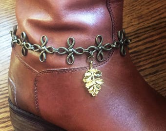 Gioielli per stivali in foglia d'oro - Bracciale stivale Swarovski personalizzato - Catene di stivali in bronzo - Accessori stivali - Caviglia stivali - Gioielli stivali botanici