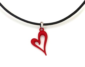 Red Heart Leather Necklace • Metal Heart Pendant • Love Necklace • Valentine's Gift • Heart Necklace • Leather Necklace by Sh