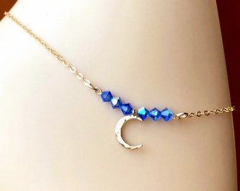 Gold or Silver Moon Anklet with Swarovski Sapphire Crystal and Gold-Filled Chain