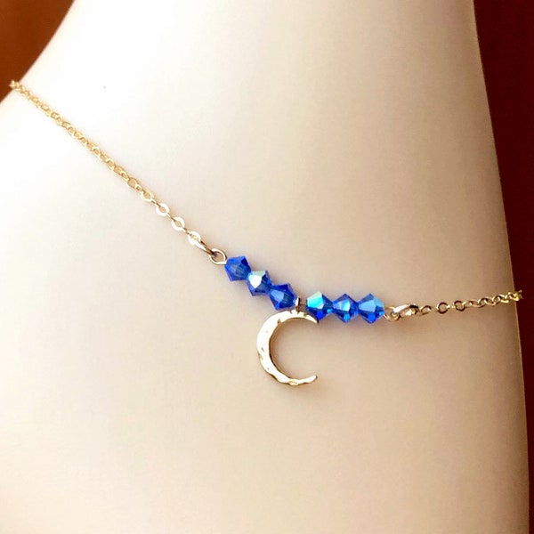 Gold Moon Anklet - Swarovski Sapphire Crystal Anklet -Crescent Moon Ankle Bracelet -Something Blue Anklet -Gold Filled Chain -Moon Jewelry