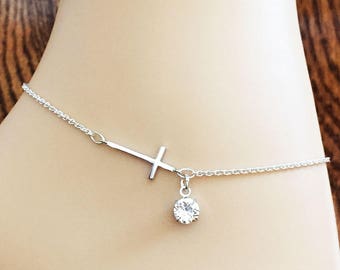 Sterling Silver Cross Anklet – Sideways Cross, Swarovski Crystal Charm
