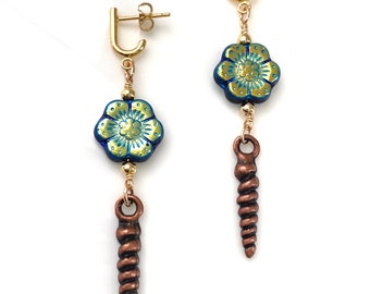 Dangle Copper Flower Glass Earrings  with Sleek Gold Studs by Shaolan Sung