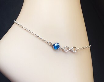 Sterling Silver Anklet – Hammered Infinity, Capri Blue Glass, Something Blue