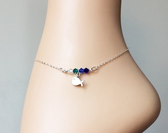 Silver Whale Anklet-Swarovski Anklet-Blue Anklet-Whale Ankle Bracelet-Sterling Silver Chain-Summer Jewelry-With Gift Box