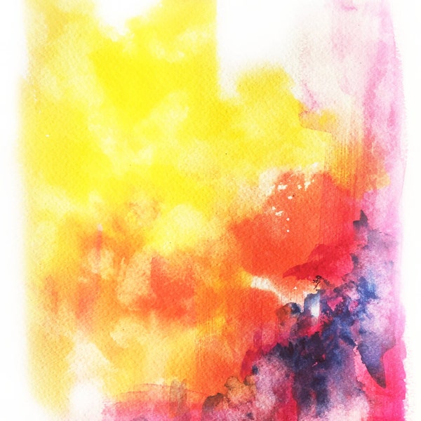 Original Abstract Watercolor 'City of Hope' by Shaolan Sung-9"x12"-Yellow, Purple, Orange, Red-With COA