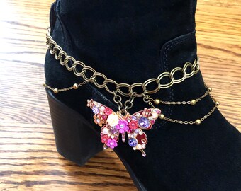 Flower Butterfly Boot Bracelet with Bronze Chain