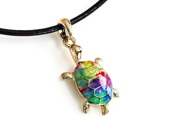 Rainbow Turtle Leather Necklace • Genuine Leather Necklace • Hope Necklace • Tortoise Necklace • Turtle Jewelry • Colorful Summer Jewelry
