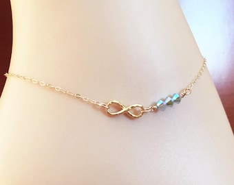 Gold Filled Infinity Anklet – Swarovski Blue Opal Crystal, Bridal Jewelry