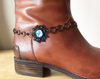 Boot Bracelet - Boot Bling - Boot Jewelry - Caviglia Stivali Blu Fiore - Gunmetal Chain - Swarovski Drop Closure - Fancy Lobster Claw Clasp