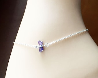 Dragonfly Silver Anklet - Cavigliera Cubica Zirconia - Sterling Silver Chain Anklet - Bracciale caviglia farfalla - Cavigliera viola - Braccialetto piede