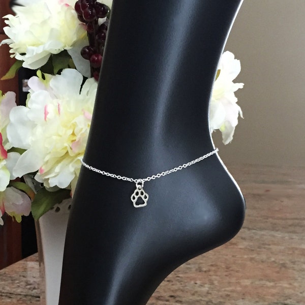 Paw Print Anklet-Ankle Bracelet-Dog Anklet-Dog Charm-Foot Jewelry-Silver Plated Chain-Children Anklet-Teen Anklet-Animal Anklet-Gift Box