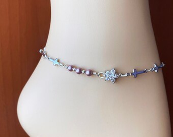 Bracciale alla caviglia con perle Swarovski – Cavigliera con croce e fiore in argento
