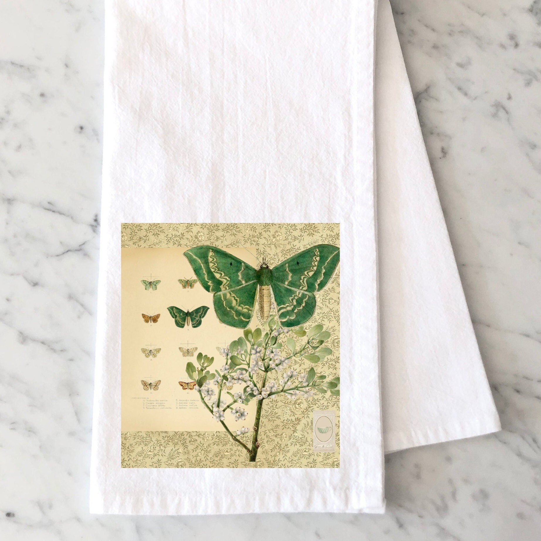Green and Cream Kitchen Towel Vintage Inspired Collage of Spring