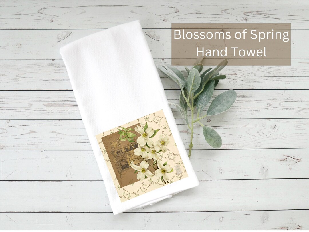 Blossoms of Spring Florals on Green and Cream Kitchen Towel Vintage