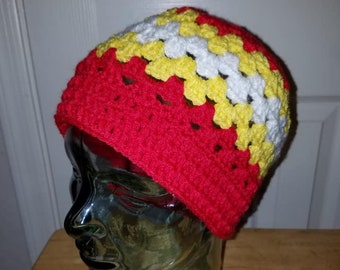 KC Chiefs Inspired Granny Stitch Unisex Adult Hat Toque Beanie Red Yellow White