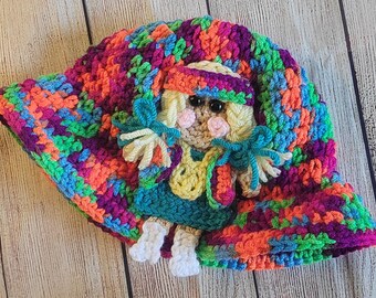 Bright Boho Kids Hat with Sunny the Hippy Girl | Crochet Multicolor Child Beanie | Handmade Fun Gift | Ready to Ship