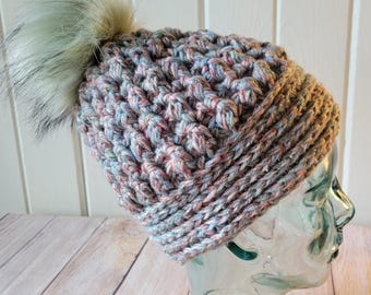 Cozy Timber Chunky Ribbed Beanie with Faux Fur Pom | Hand Crocheted Thick Warm Hat | Double Strand Acrylic | Teen Adult Size | Ready to Ship