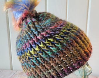 Chunky Rainbow Twist Beanie with Removable Pom | Hand Crocheted Thick Warm Hat | Teen Adult Size | Double Strand Acrylic | Ready to Ship