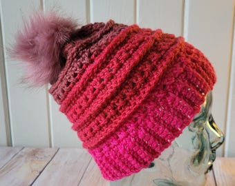 Raspberry Pink Crochet Beanie with Faux Fur Pom | Cozy Warm Acrylic Hat | Teen Adult Size | Ready to Ship | Handmade Winter Accessory