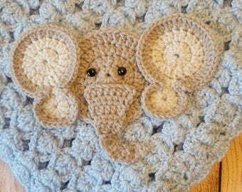Elephant Crochet Baby Blanket 42×42″ – Handmade Elephant Appliqué, Nursery Decor, Soft Acrylic, Baby Shower Gift, Unisex Afghan