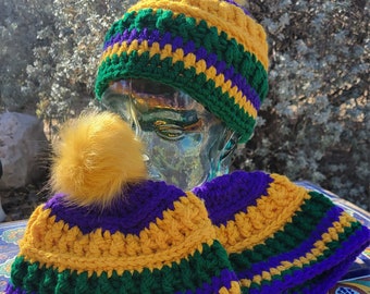 Handcrafted Crochet Mardi Gras Adult Beanie with Removable Fur Pom Pom