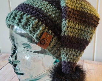 Forest Green Black Beanie with XL Black Pom | Cozy Acrylic Hat | Teen/Adult Size | Machine Washable | Handmade | Ready to Ship