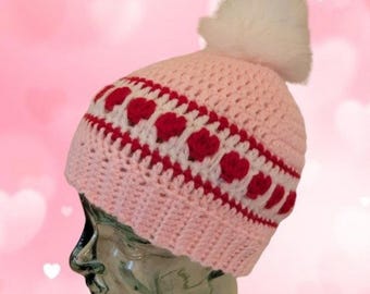 Handcrafted Crochet Valentine's Adult Beanie with Removable Fur Pom Pom Ready to Ship