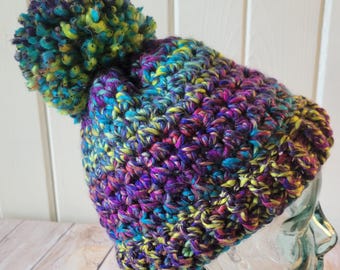 Chunky Rainbow Twist Beanie with Removable Pom | Hand Crocheted Thick Warm Hat | Teen Adult Size | Double Strand Acrylic | Ready to Ship