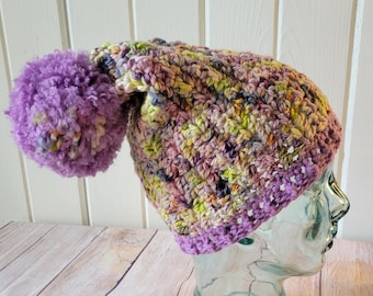 Chunky Slouchy Beanie with Lilac Pom Pom | Hand Crocheted Double Strand Hat | Teen Adult Size | Super Soft Acrylic | Ready to Ship