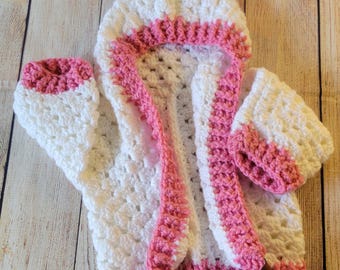 Granny Stitch Baby Hexagon Cardigan with Hood | 3-6 Months | Soft Cream & Rose Acrylic | Handmade Sweater | Ready to Ship