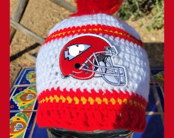 Chiefs Crocheted Beanie: Red, White, and Yellow Helmet Patch
