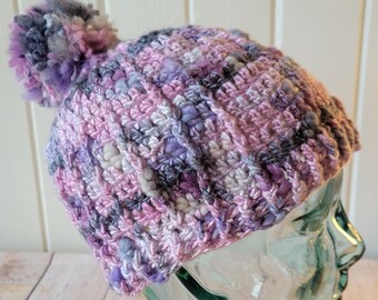 Chunky Plum Patch Beanie with Removable Pom | Soft Warm Crochet Hat | Teen/Adult Size | Machine Washable | Ready to Ship Handmade