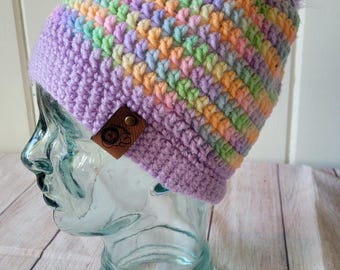 Handcrafted Crochet Lilac Pop Adult Beanie with Removable Fur Pom Pom Ready to ship