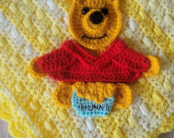Handmade Baby Blanket 32"x32" Yellow White Soft Acrylic, Scalloped Edge, Woodland Bear Appliqué, Nursery Gift, Ready to Ship