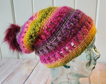 Autumn Berry Crochet Beanie with Faux Fur Pom | Cozy Warm Acrylic Hat | Child/Teen Size | Ready to Ship | Handmade Winter Accessory