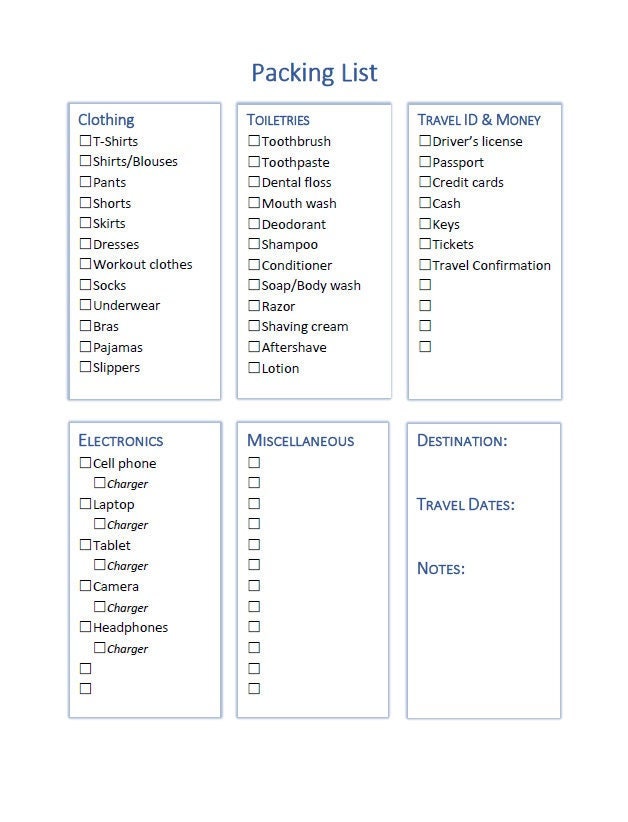 Simple Travel Packing List Etsy