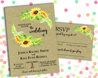 Sunflower Wedding Invitation - Rustic Invitation - Kraft Paper Invitation - Customized Wedding Invitation - 5x7 Invite - Sunflowers