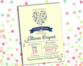 Bridal Shower Invitation - Floral Hearts - Ivory - 5x7 - Invitation - Rustic - Navy & Pink - Customized - Personalized