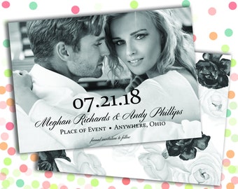 Save the Date Photo Card - Black & White - Flowers - Wedding Date Announcement - 5x7 Printable