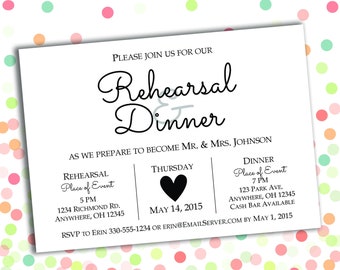 Heart Rehearsal and Dinner Invitation - Wedding Invitation - 7x5 Invite - Customized - Printable