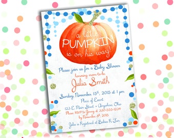 Pumpkin Baby Shower Invitation - Fall - Boy - 5x7 Invitation - Customized